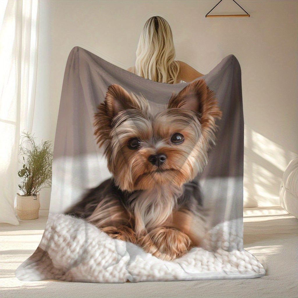 Yorkshire Terrier Pattern Flannel Throw Blanket Quilted Knit Polyester All-Season Decorative for Napping Camping Travel