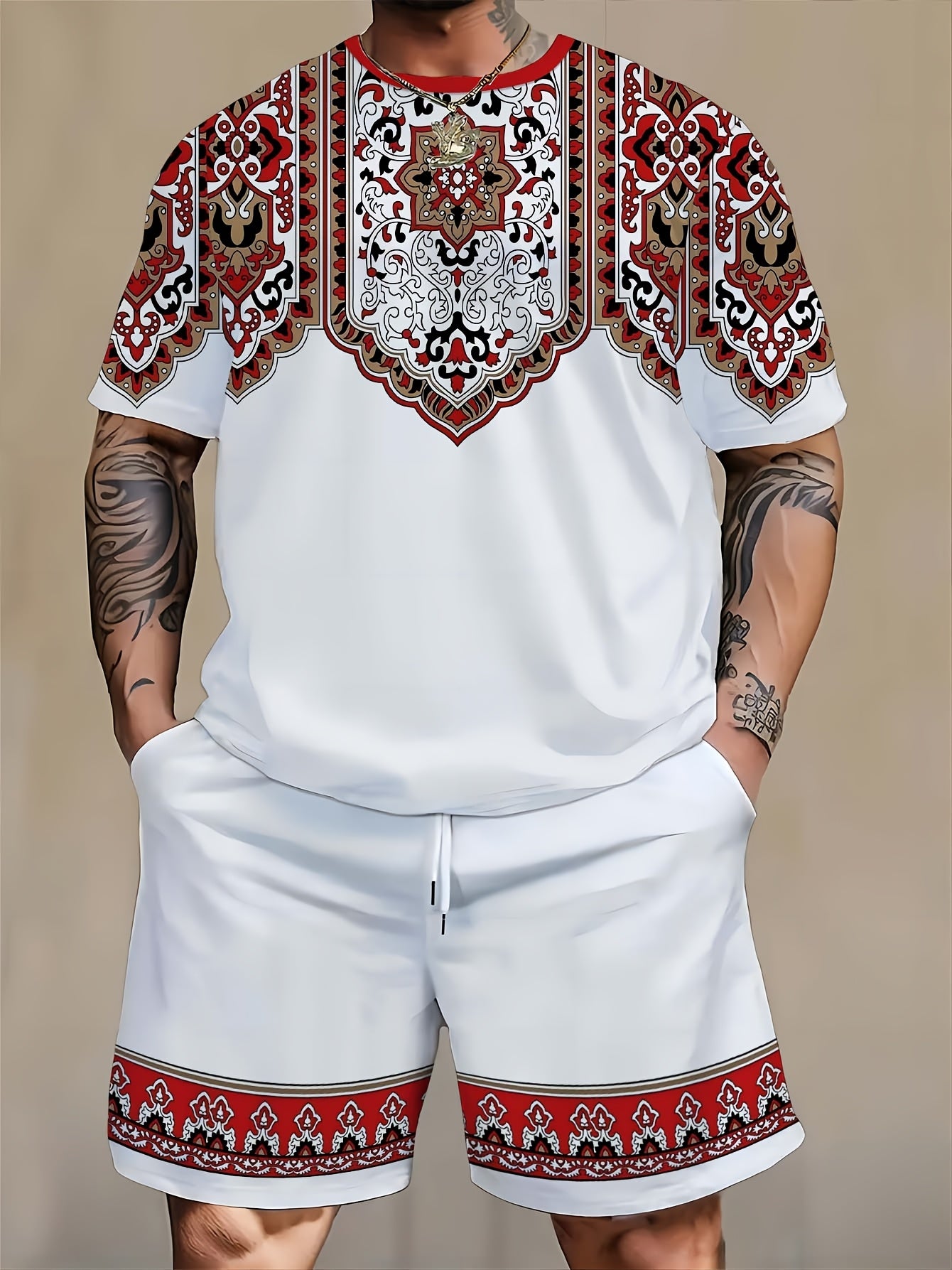 Men's Plus Size Ethnic Print T-Shirt and Shorts Set Casual Sporty Polyester Blend