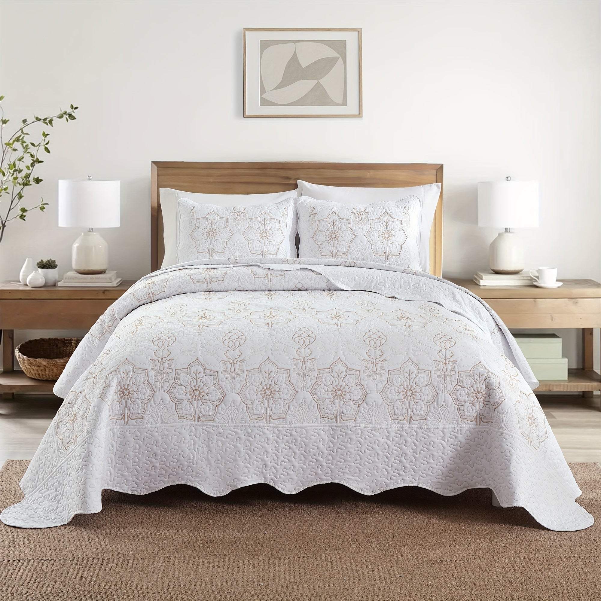 Advanced Quilt Cover Bedding Set with White Gold Thread Flower Pattern Summer Cool 3pcs