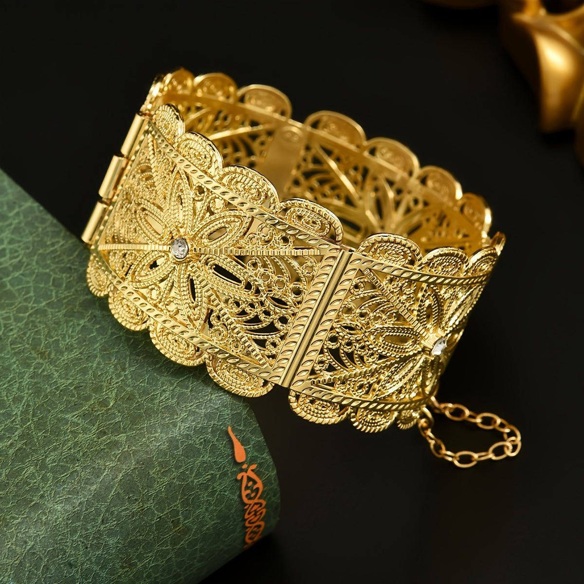 Gold-Tone Bridal Bangle with Floral Engraving Wide Design for Weddings and Special Occasions