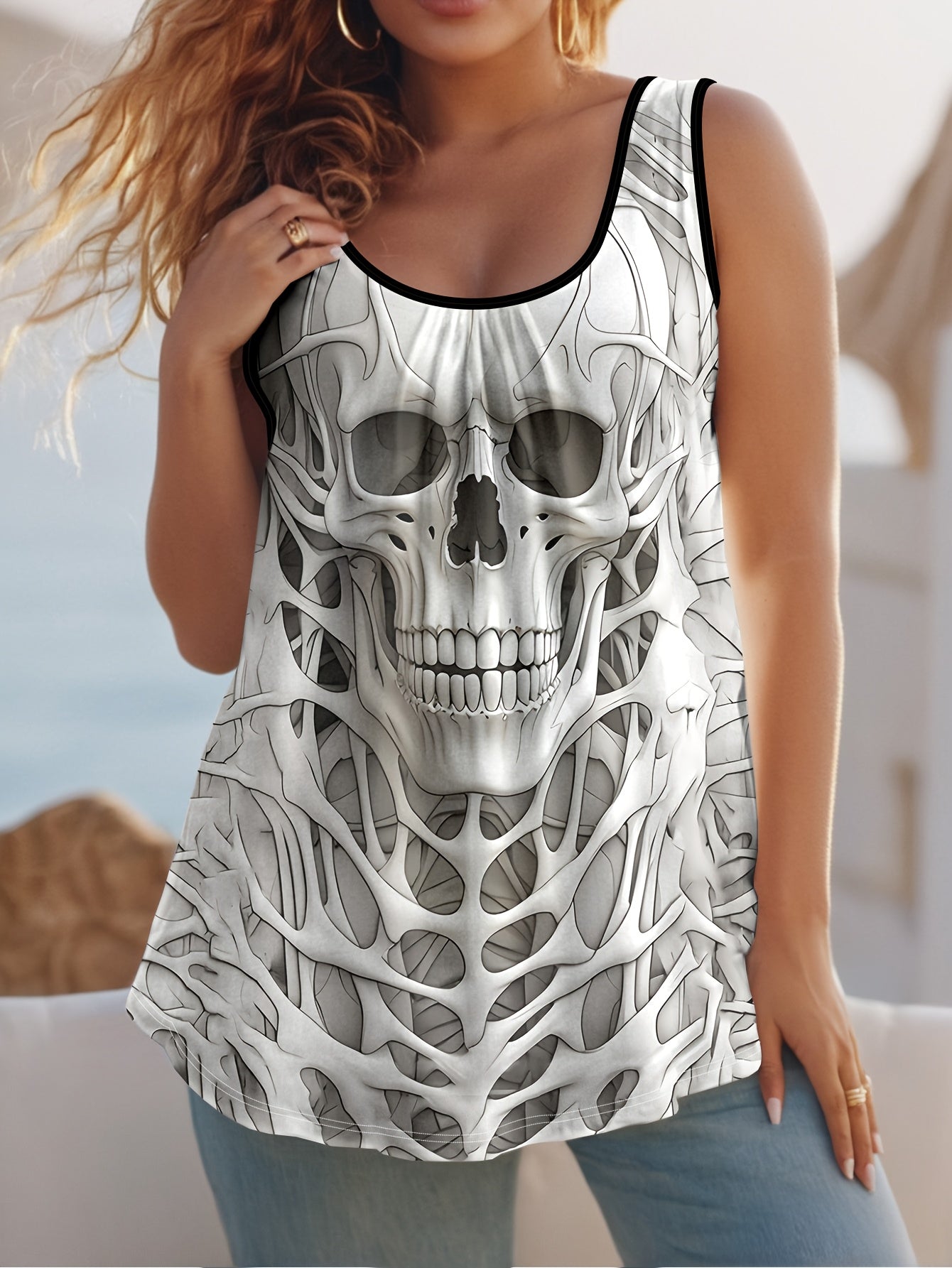 Топ без рукавов для женщин больших размеров, дышащий из полиэстера, с принтом черепа и цветов, летняя пляжная одежда