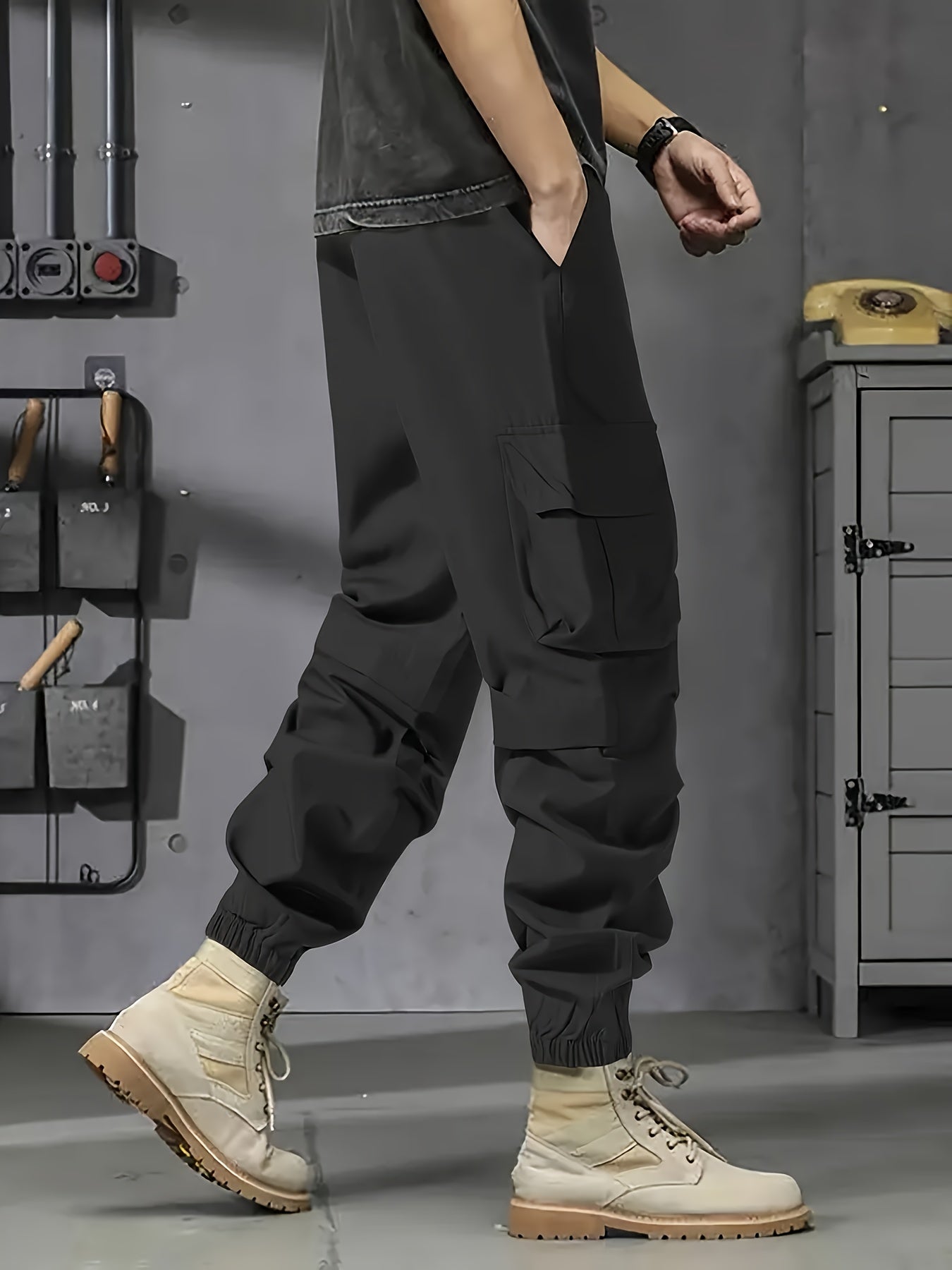 Men's Polyester Cargo Pants with Multiple Pockets, Casual and Workwear, Plus Sizes