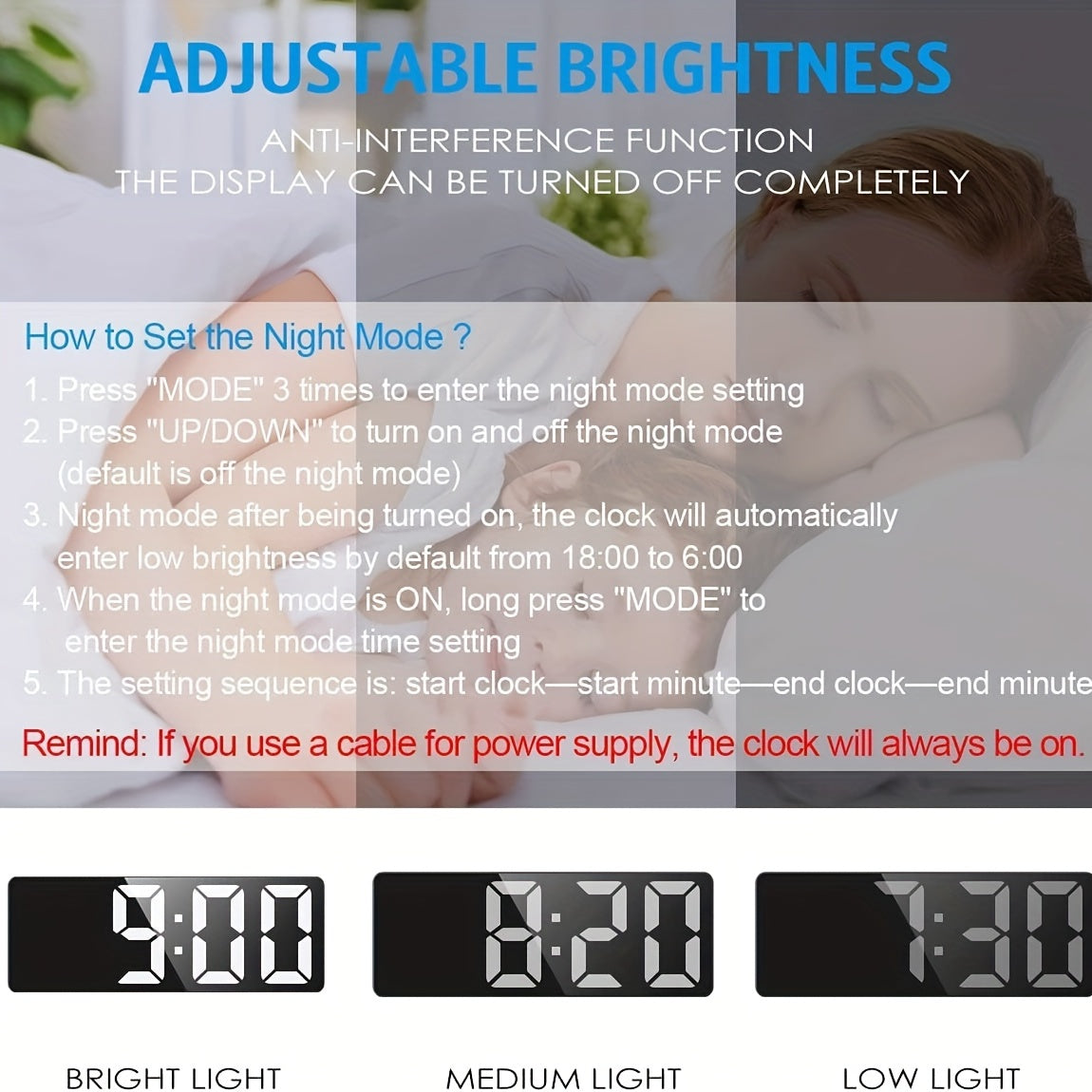 Digital Alarm Clock with Snooze and Brightness Control for Bedroom
