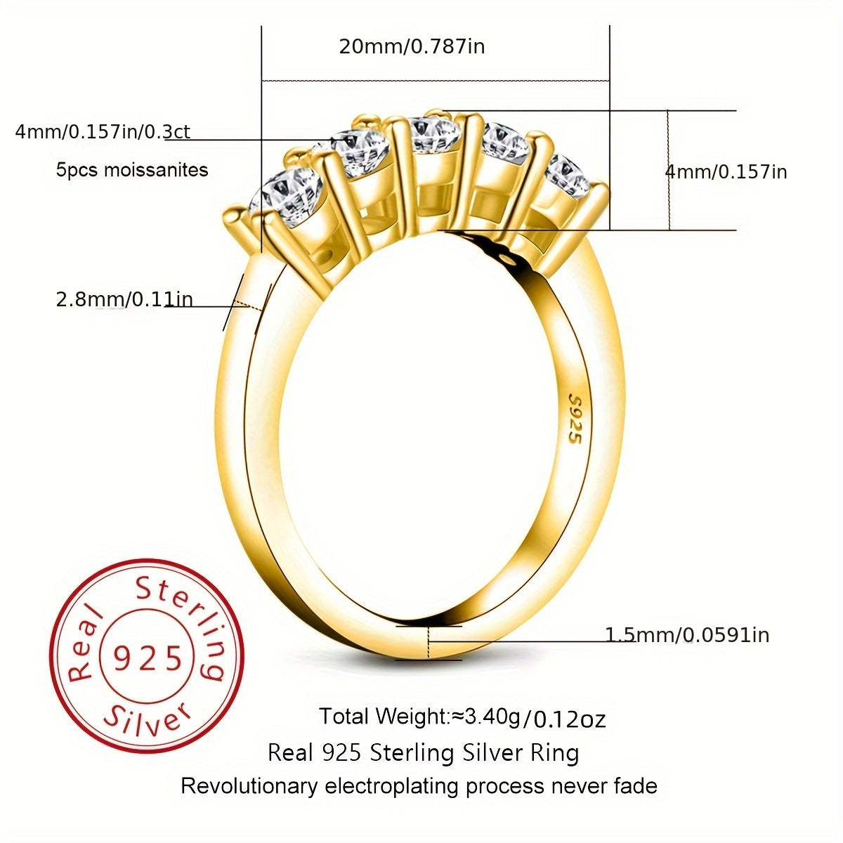 Silver Moissanite Anniversary Ring 14K Gold Plated 1.5CT Engagement Band for Women