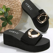 Women's Slip-On Sandals Golden Buckle Thick Sole Wedge Beach Slides