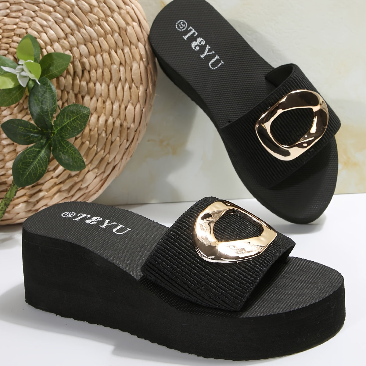 Women's Slip-On Sandals Golden Buckle Thick Sole Wedge Beach Slides