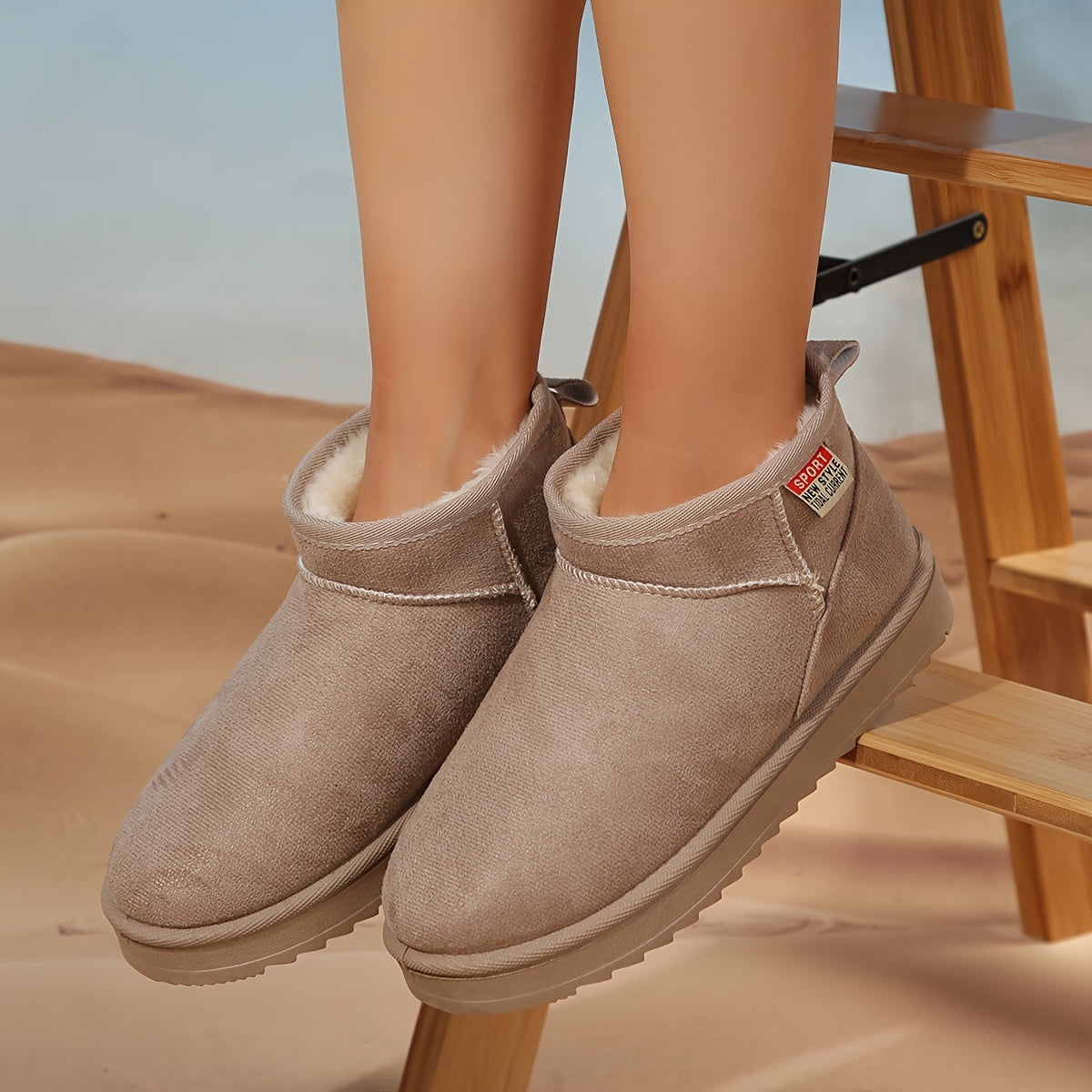 Women's Velboa Ankle Snow Boots Rubber Sole Casual Solid Color Fabric