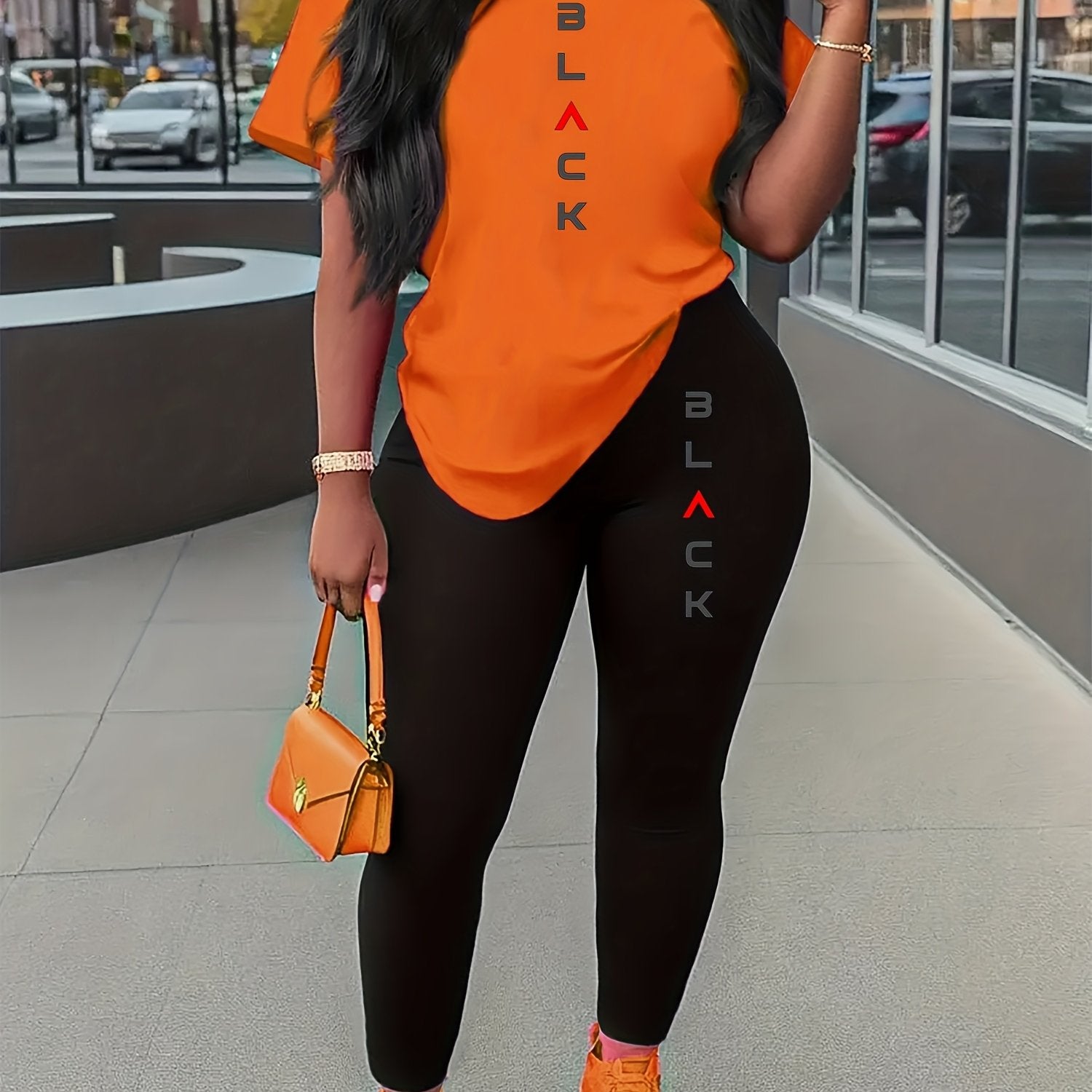 Women's Summer Sports Set Long Pants Short Sleeve Letter Print Elastic