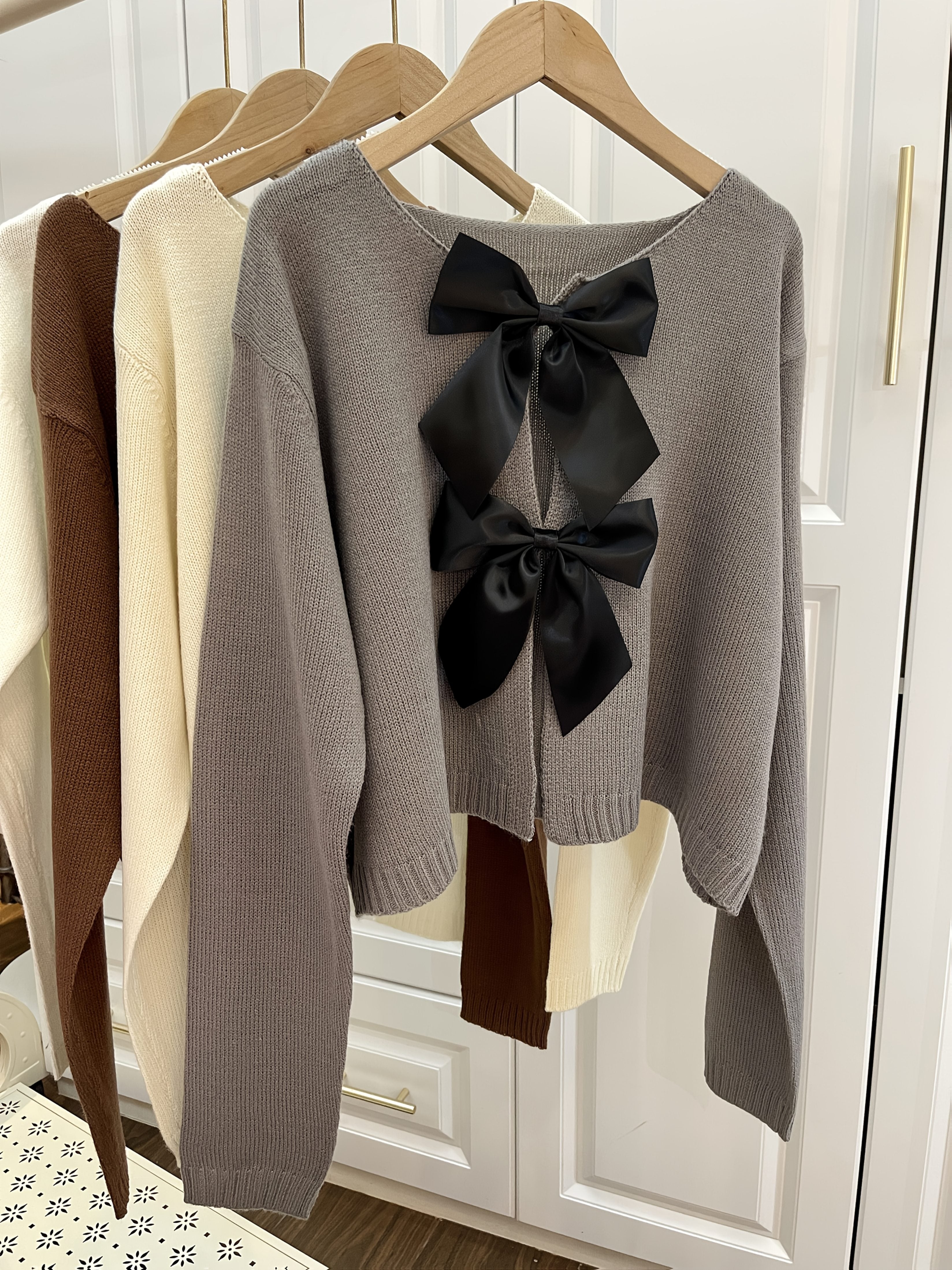 Cárdigan ligero de acrílico para mujer con gran lazo, primavera otoño blanco negro