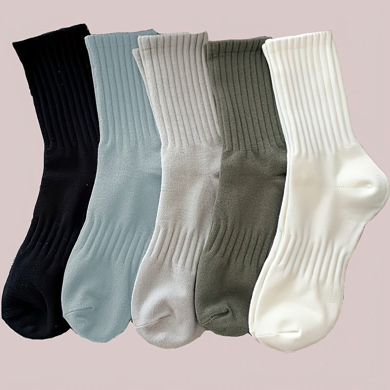 Unisex Crew Socks 5-Pack Breathable Polyester Spandex Solid Color High Waist Sports Style