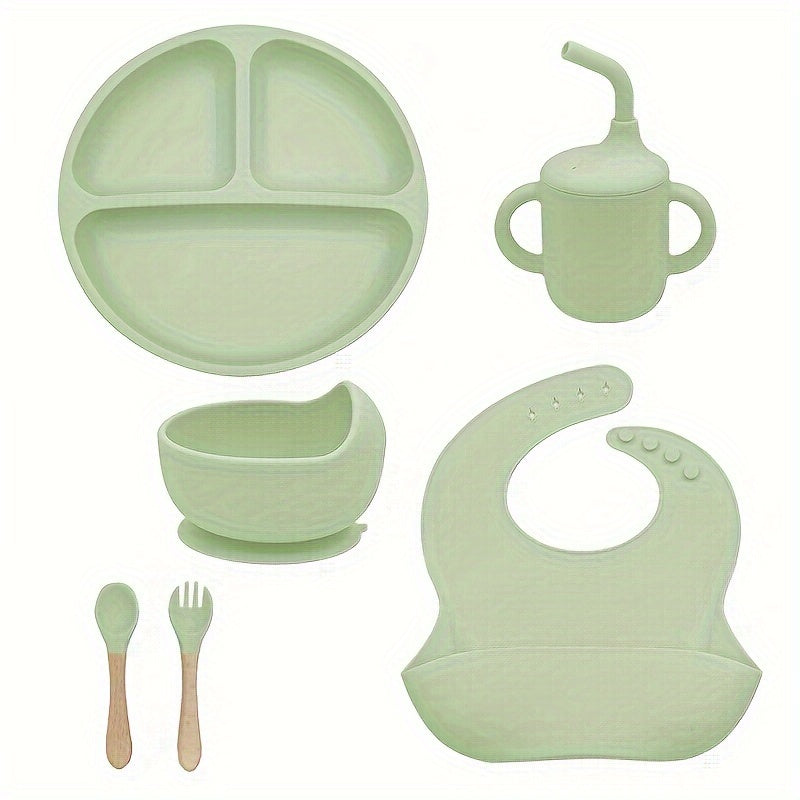 6-Piece Silicone Feeding Set with Divided Plate and Wooden Utensils for Self-Feeding