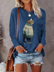 Women's Long Sleeve T-Shirt with Geometric Cat Print Casual Top