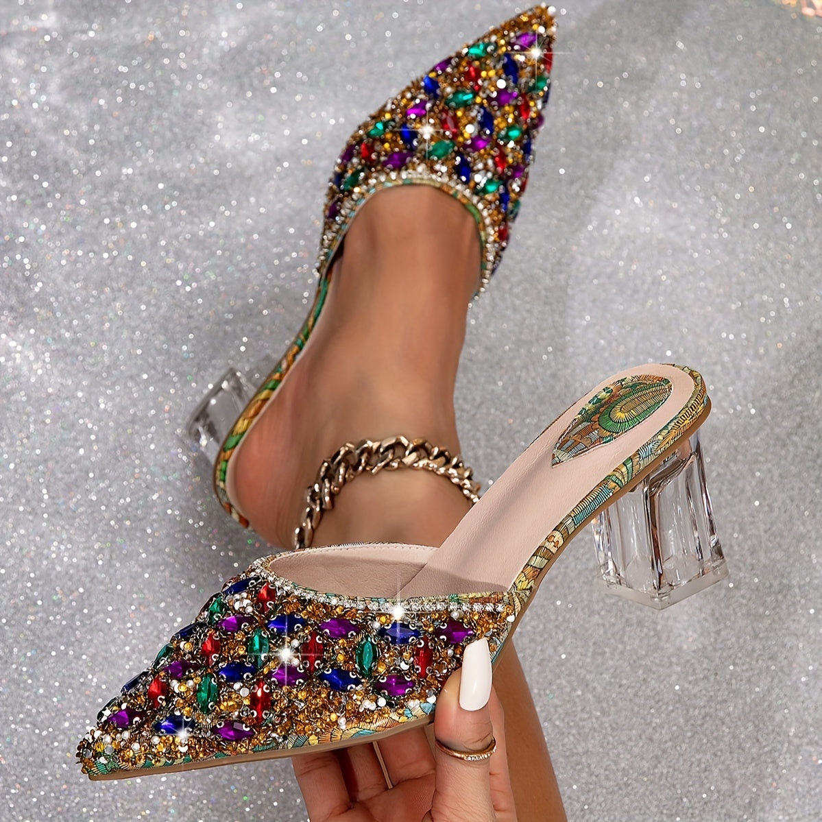 Women's Pointed Toe High Heel Shoes with Rhinestones Lightweight Block Heel All-Season Stylish Ankle Strap