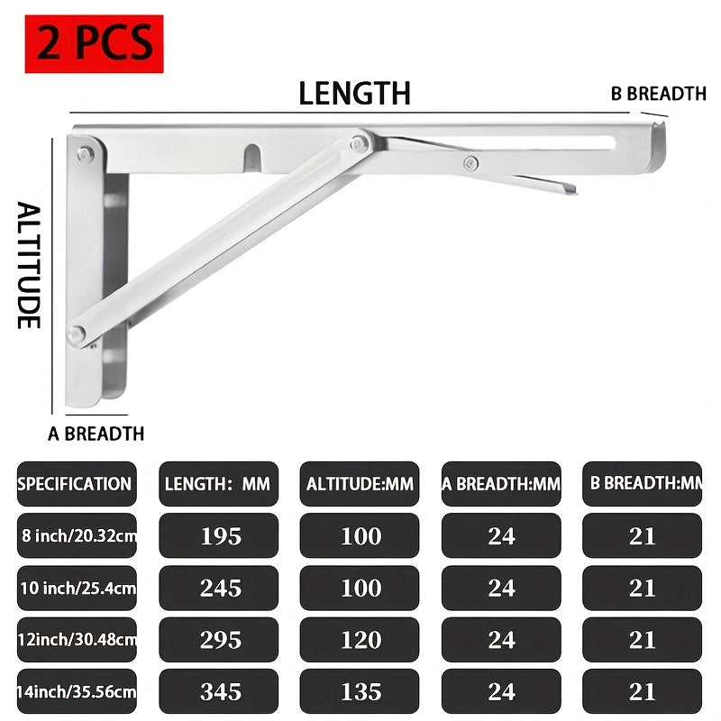 2pcs Heavy-Duty Stainless Steel Foldable L-Shaped Shelf Brackets for Space Saving