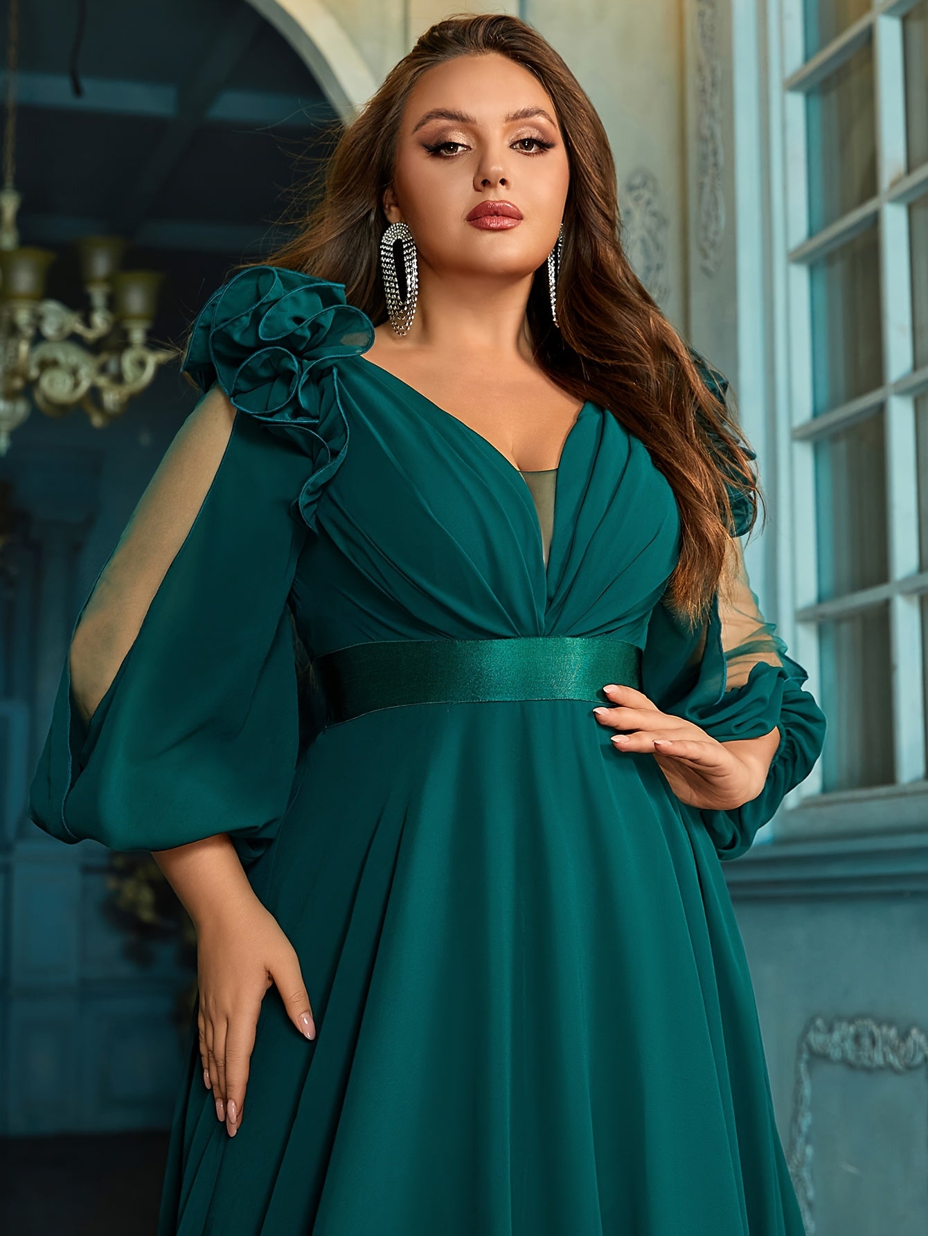 Maroon Maxi Dress for Plus Size V-Neck Lantern Sleeves Pleated Long Casual Semi-Formal