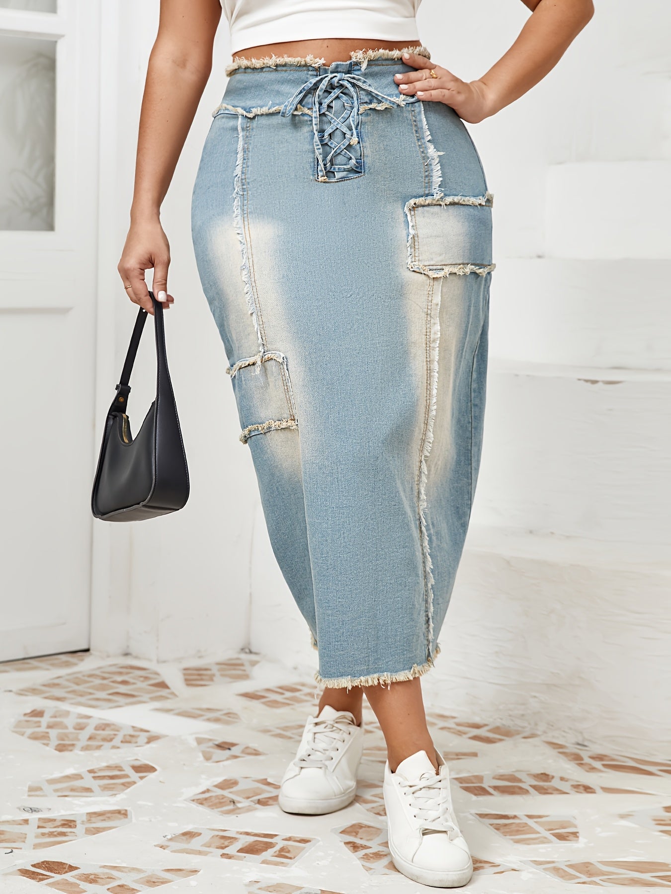 Women's High-Waist Denim Midi Skirt with Frayed Hem and Lace-Up Details in Light to Dark Blue Wash