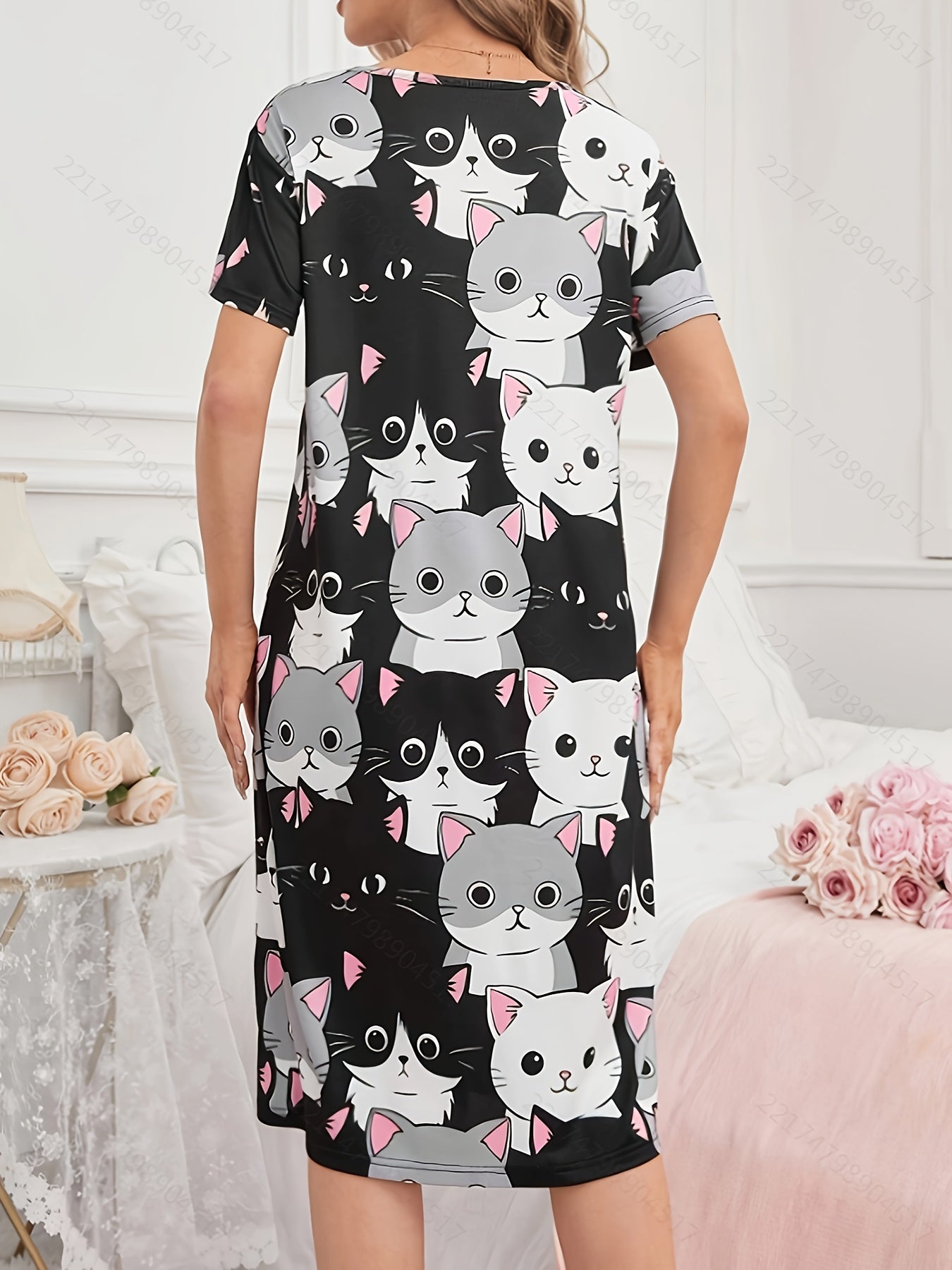 Women's Knee-Length Sleep Dress with Cute Cat Print Polyester Elastane All-Season