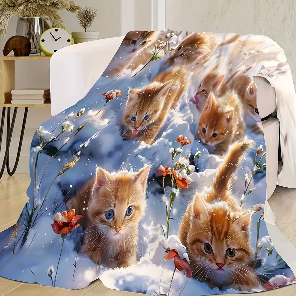 Soft Flannel Throw Blanket with Kitten Design for Bed Sofa Comfort