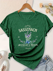 Plus Size Women's Lavender Letter Print Casual T-Shirt Floral Short Sleeve