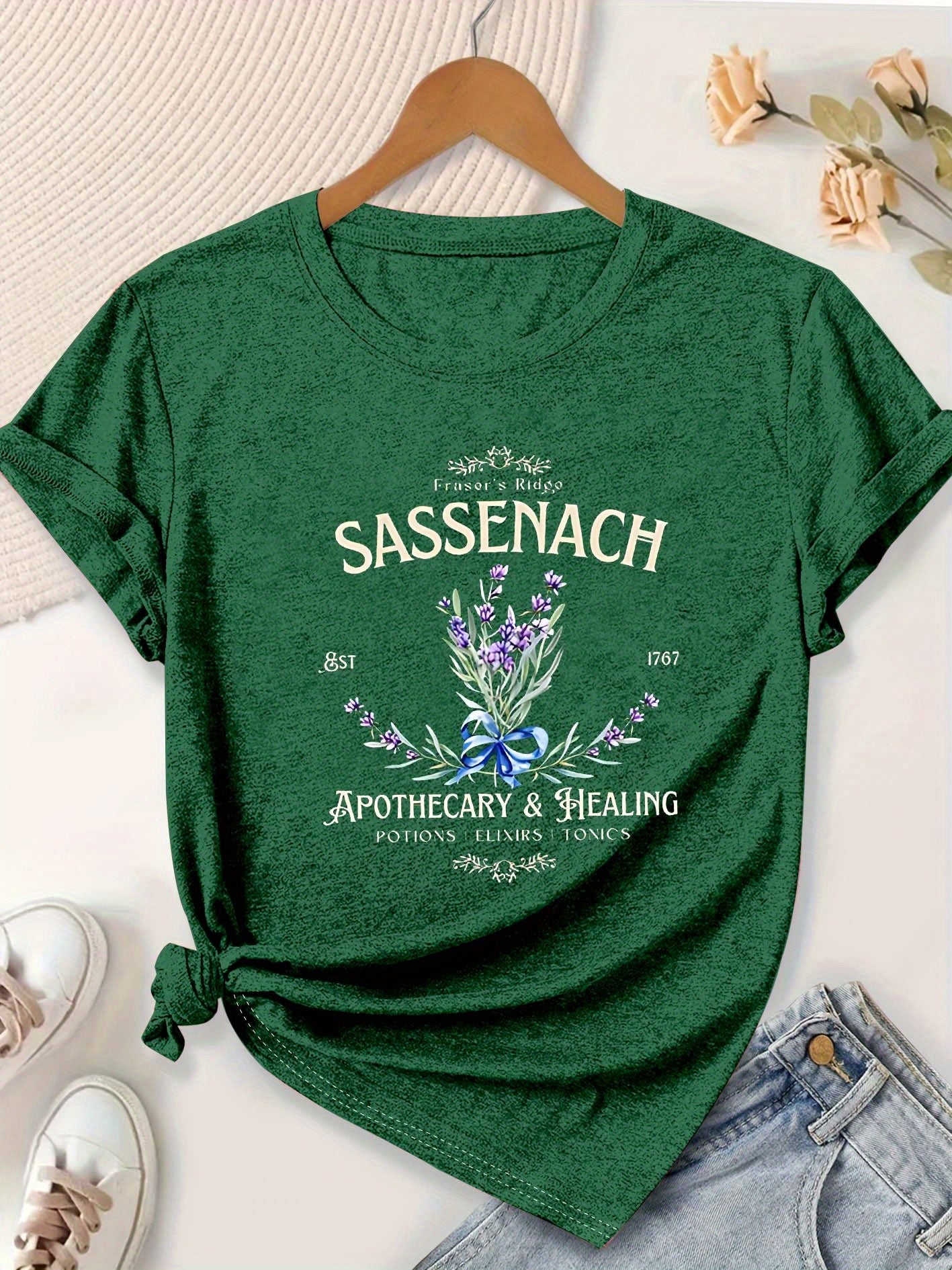 Plus Size Women's Lavender Letter Print Casual T-Shirt Floral Short Sleeve