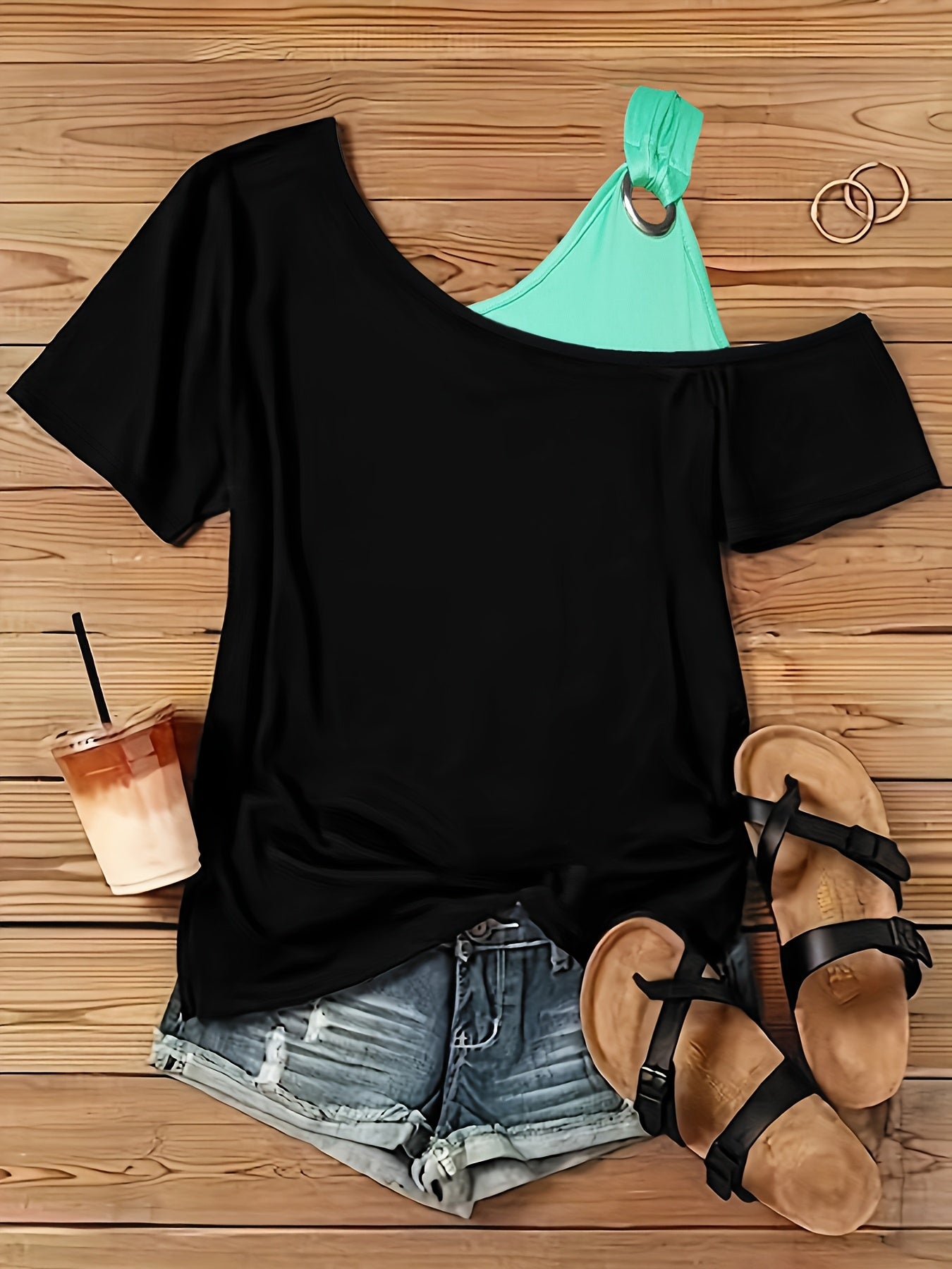 Plus Size Women's Color Block V-Neck Knit T-Shirt Summer Polyester Blend Casual Top