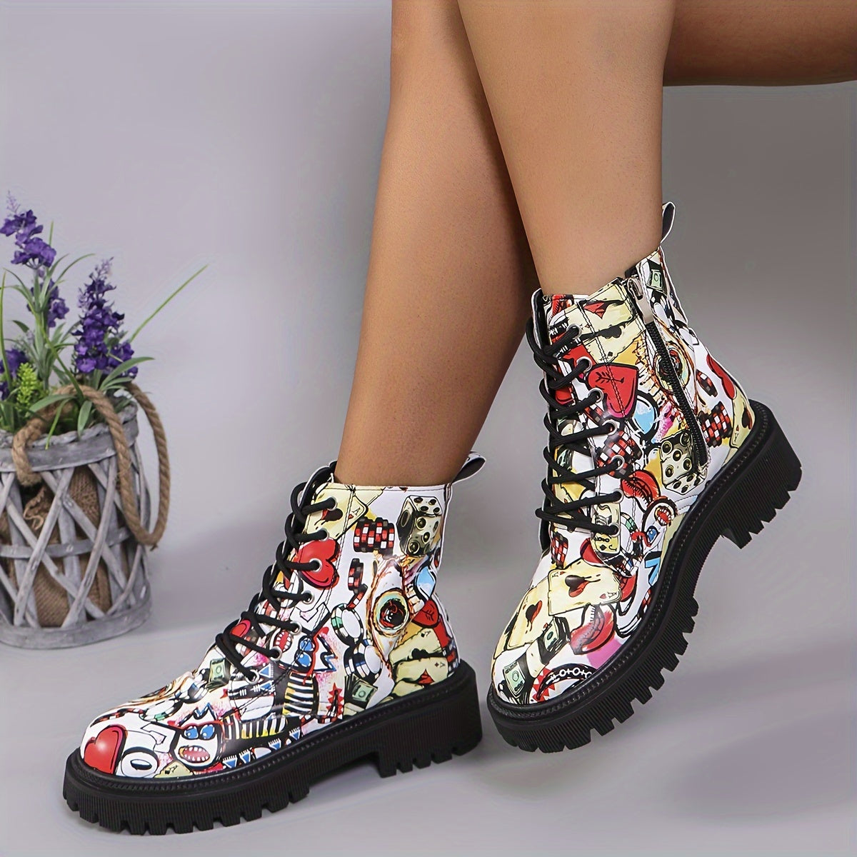 Women's Printed Lace-Up Boots Chunky Sole Low Heel Zipper Casual Shoes