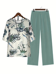 Women's Floral Print Two-Piece Set with Wide-Leg Pants and Crew Neck Top
