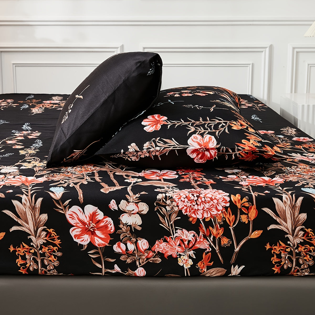 Flower Print Bedding Set Fitted Sheet and Pillowcase Set Soft Cozy Bedroom Guest Room