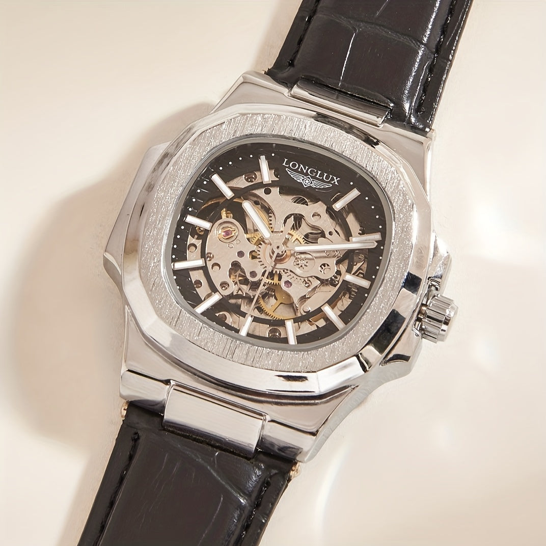 Model #8057P 4.1 sm barrel shaklidagi sun'iy charm bilaguzuk, kvadrat dial, ish va norasmiy kiyim uchun mos keladigan suv o'tkazmaydigan mexanik dizayn bilan ajralib turadi. Shuningdek, u mineral shisha yuzani o'z ichiga oladi.