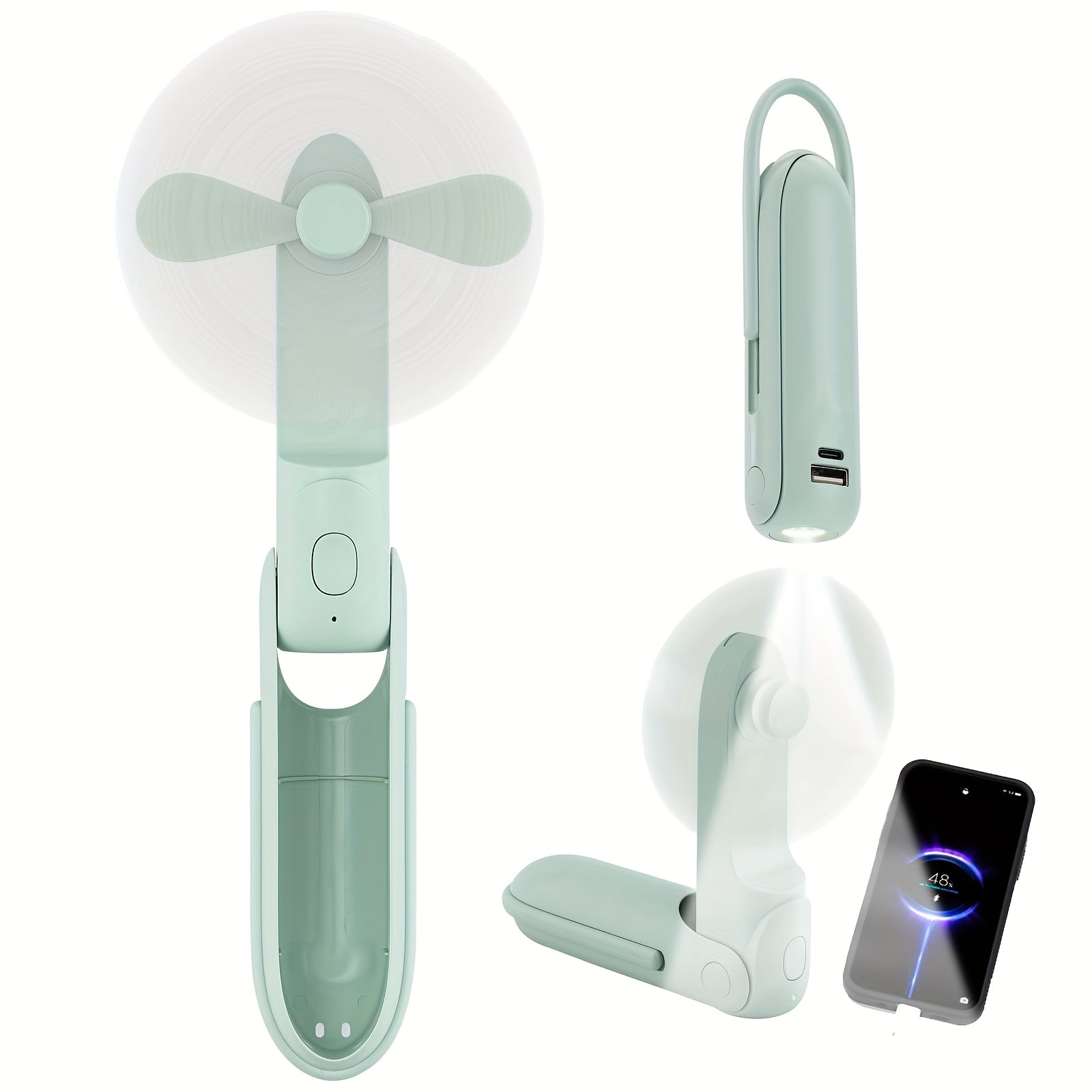 Portable Handheld Fan with 1200mAh Battery, Flashlight, Hook, 3-Speed Adjustable for Travel Outdoor Camping