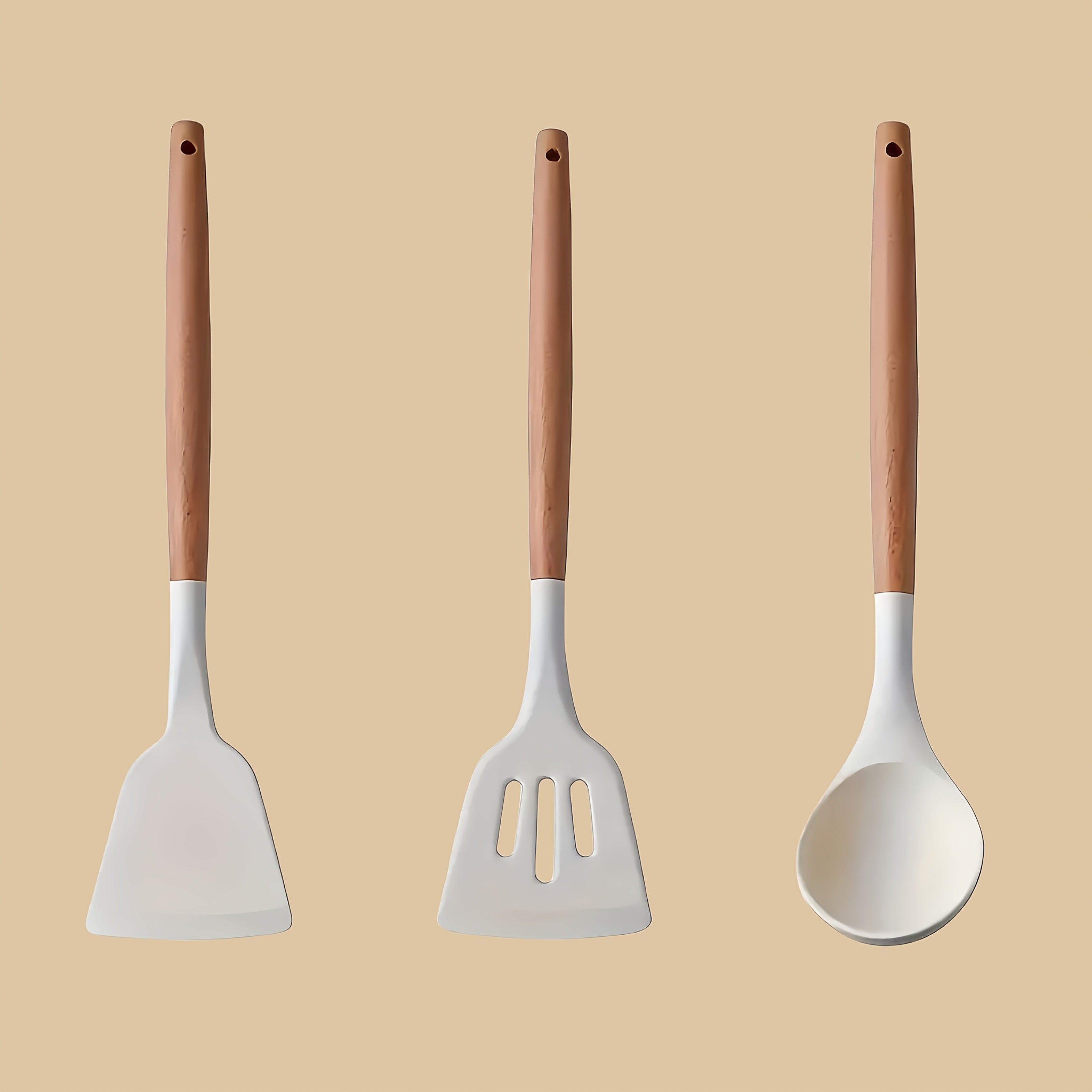 3 ta silikon non-stick pishirish asboblari to'plami, yog'och tutqichlar bilan, issiqlikka chidamli, suv o'tkazmaydigan qopqog'li qopqoq va qoshiq