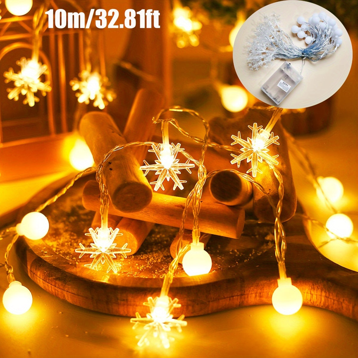 Luces de cadena de bolas blancas de copo de nieve para Navidad, decoración de árbol interior