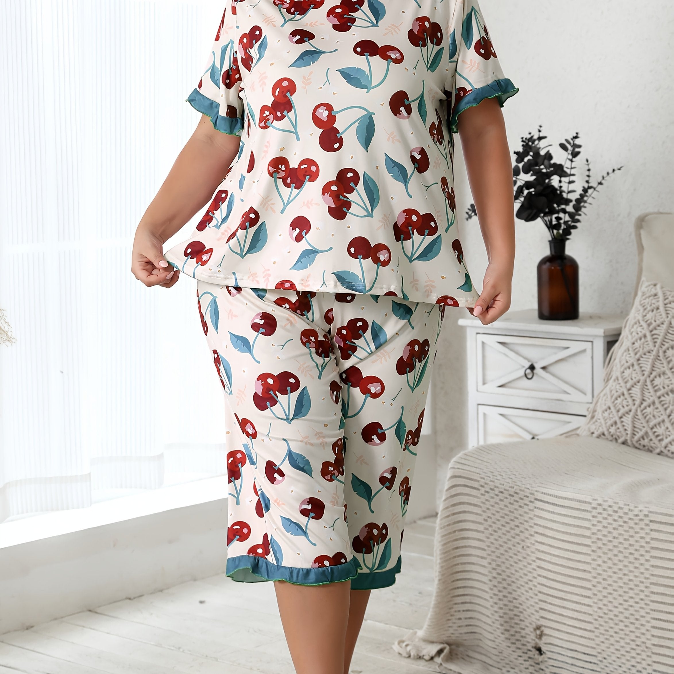 Women's Cherry Print Loungewear Set with Ruffled Sleeves and Cropped Pants
