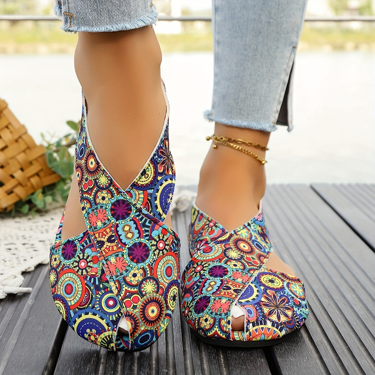 Women's Bohemian Floral Flat Sandals with Mandala Pattern for Summer Beach