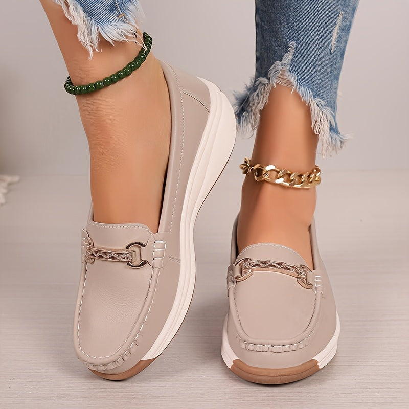 Women's Metal Buckle Loafers Flat Shoes Non Slip Casual Solid Color