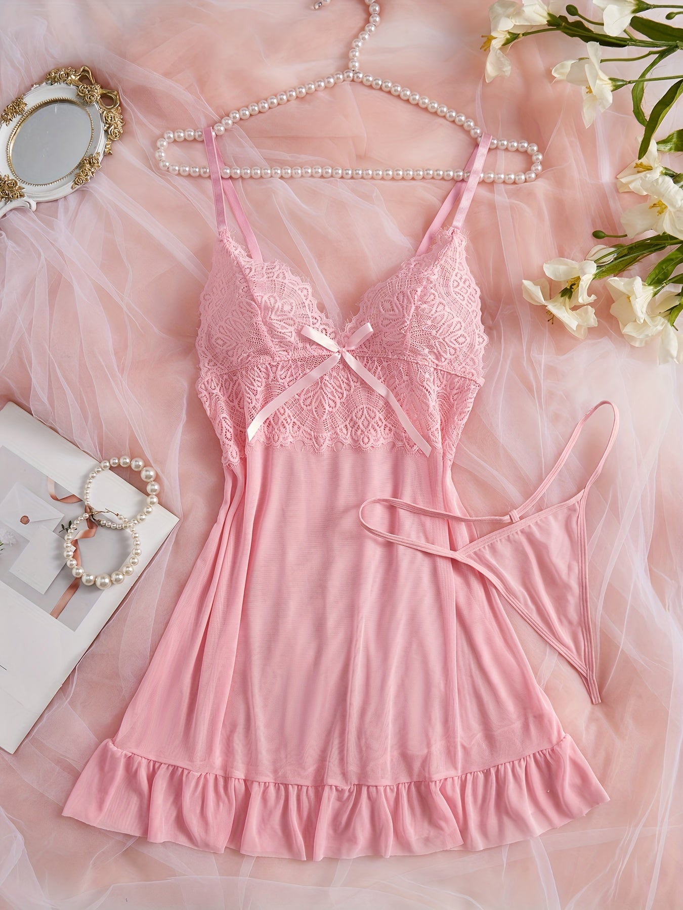 Women's Satin Pajama Set with V-Neck Lace Hem and Lace Strap Skirt