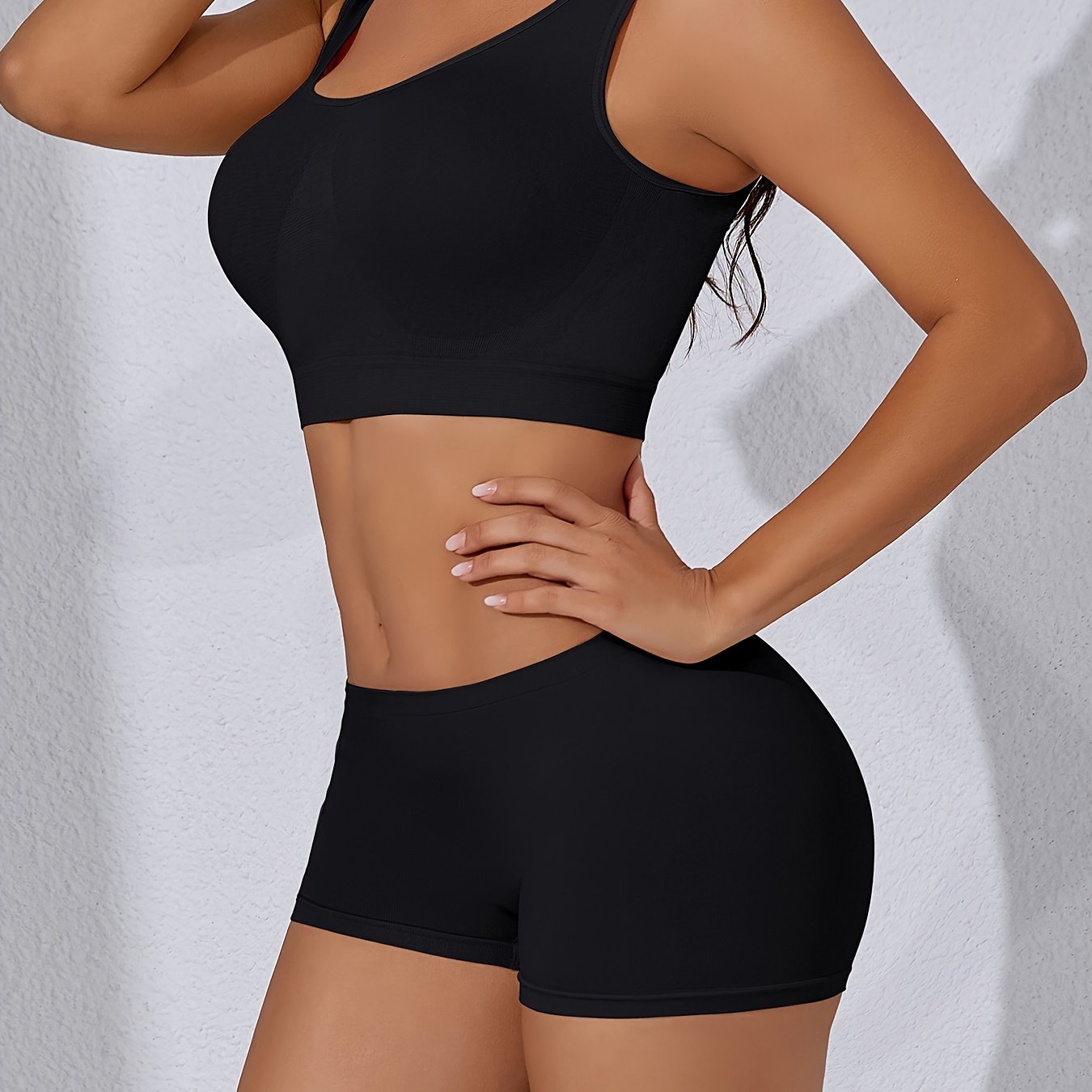 Seamless Sports Bra and High-Waisted Shorts Set Breathable Nylon Spandex Solid Color Casual Pajama