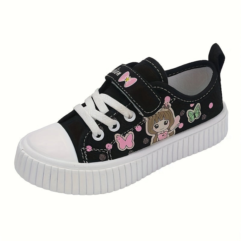Girls' Canvas Sneakers Pink Black Butterfly Girl Low Top Breathable Casual Shoes