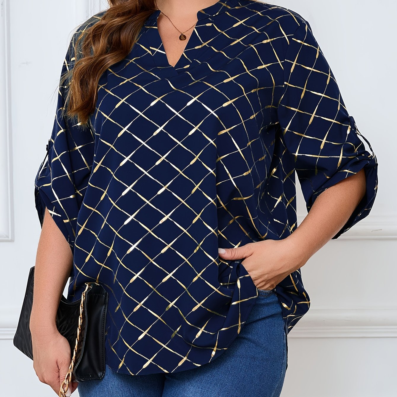 Women's Plus Size Heat Transfer Print Split Neck Long Sleeve Casual Top