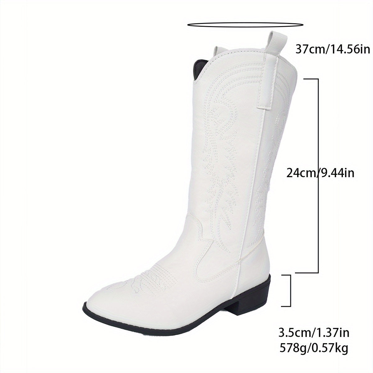 Women's Faux Leather Cowboy Boots White Floral Print Chunky Mid-Heel