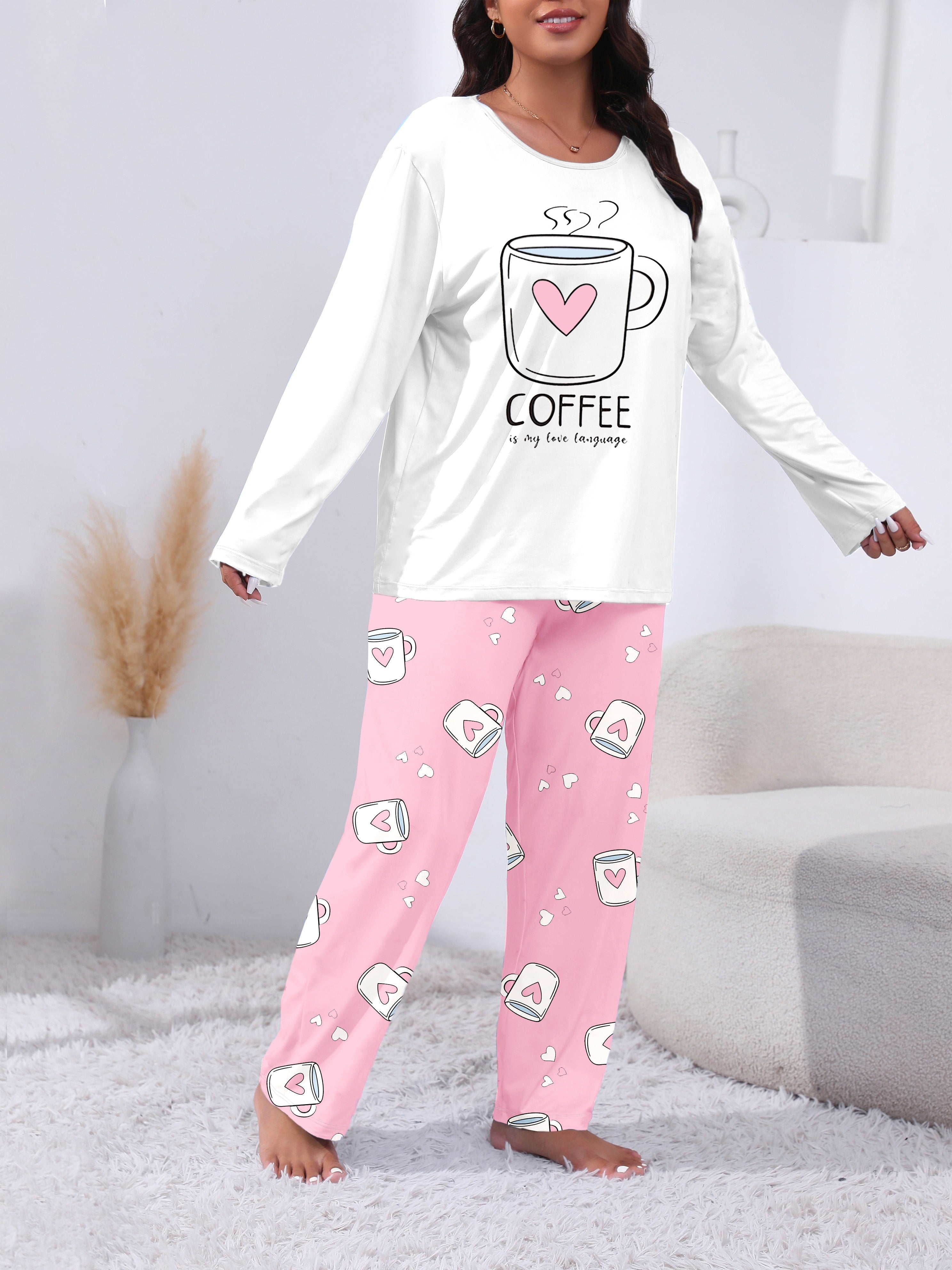 Plus Size Women's Coffee Themed Pajama Set Long Sleeve Pink Heart Coffee Cup