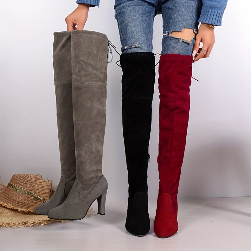 Women's Over The Knee Boots Solid Color Block Heeled Zipper Long Boots