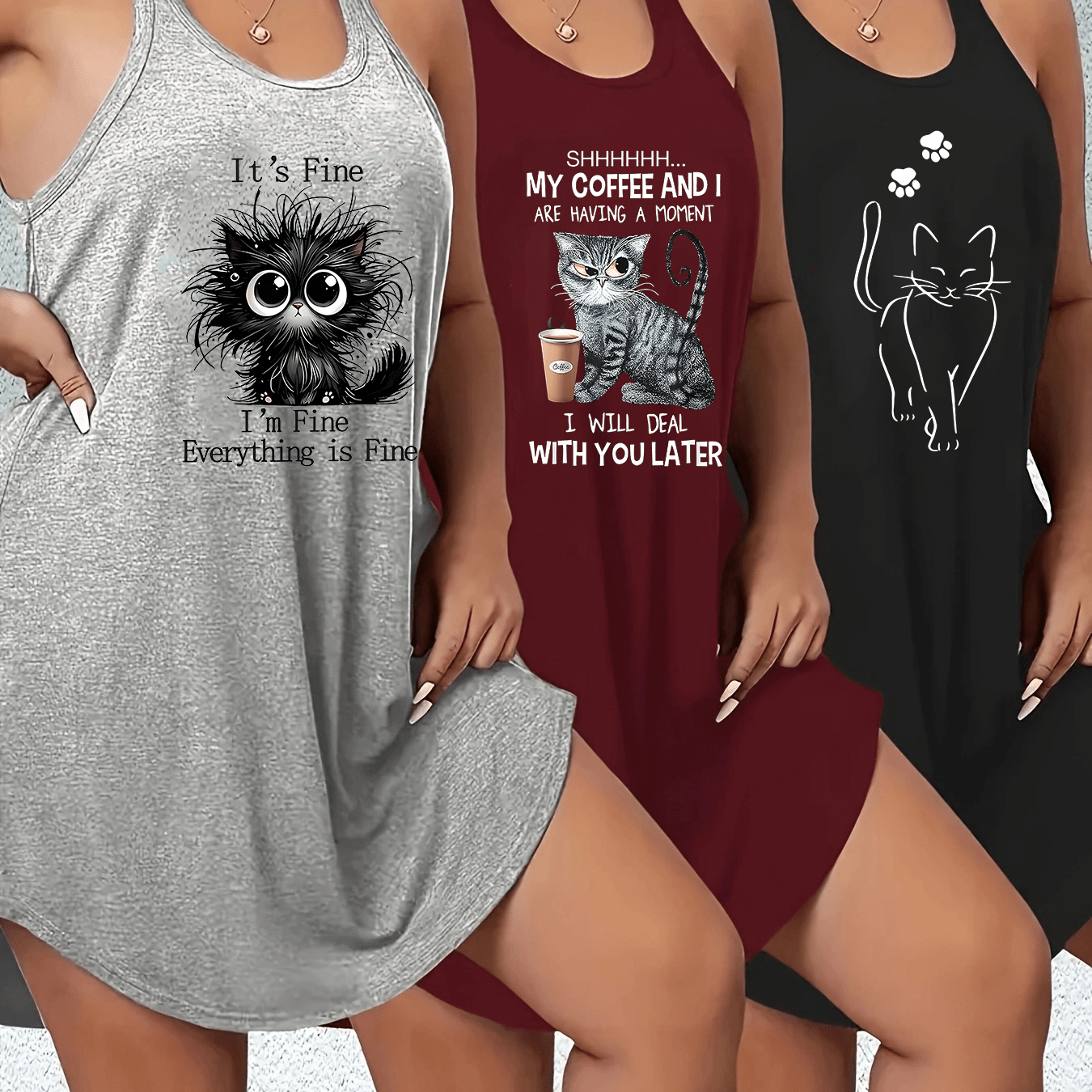 Ayollar uchun katta o'lchamdagi mushuk bosimli tank top va yubka to'plami, polyester, kundalik yozgi kiyim