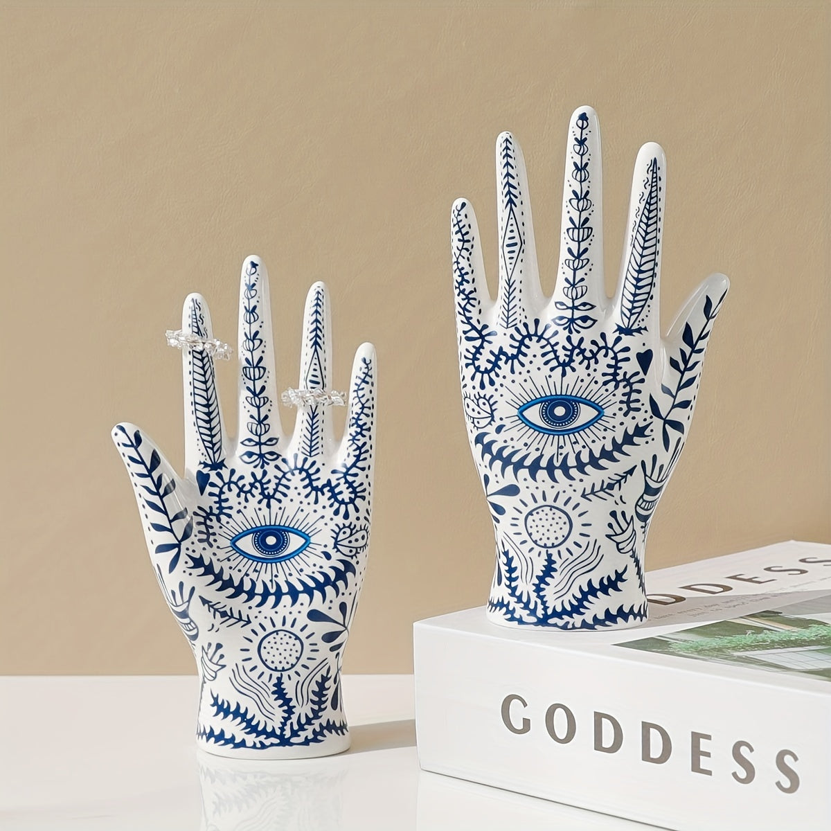 Ceramic Hamsa Ring Holder for Jewelry Display and Evil Eye Protection