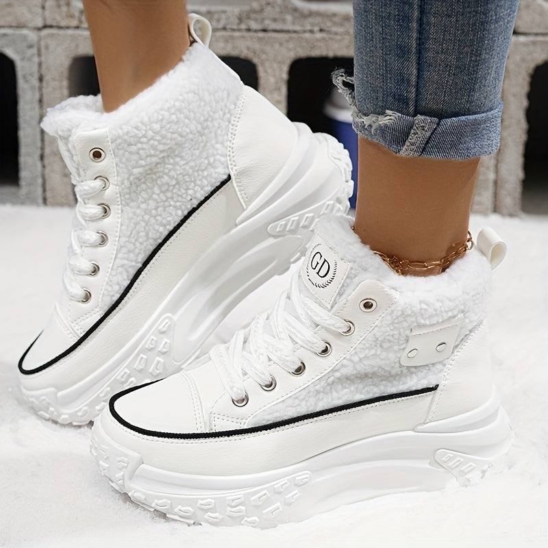 Women’s Chunky Platform Ankle Boots Winter Fleece-Lined Low Heel Lace-Up Shoes