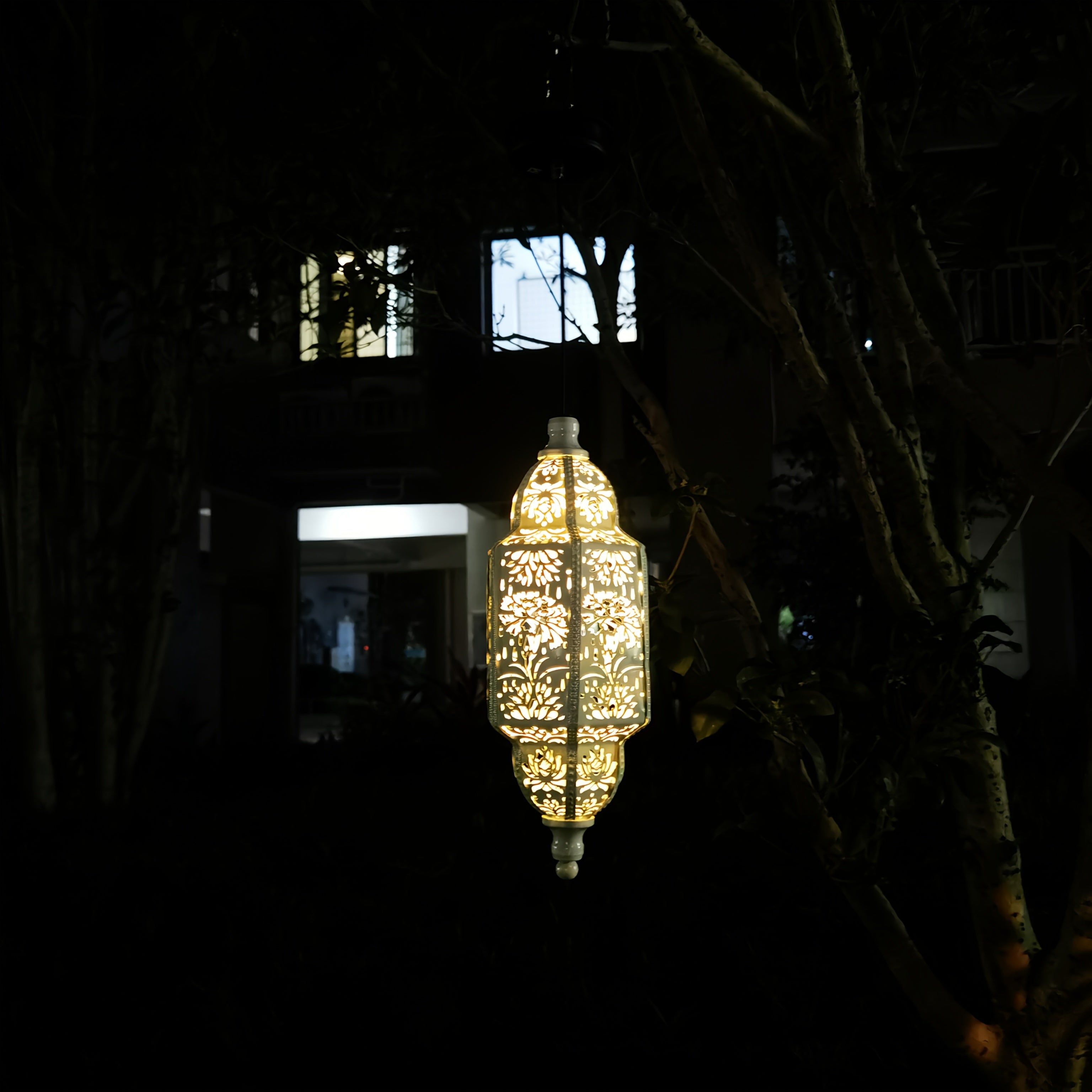 Moroccan Hexagonal Solar Lantern with Flower Projections for Outdoor Decoration