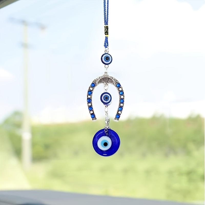Turkish Blue Evil Eye Horseshoe Car Charm Hanging Ornament Protective Decor