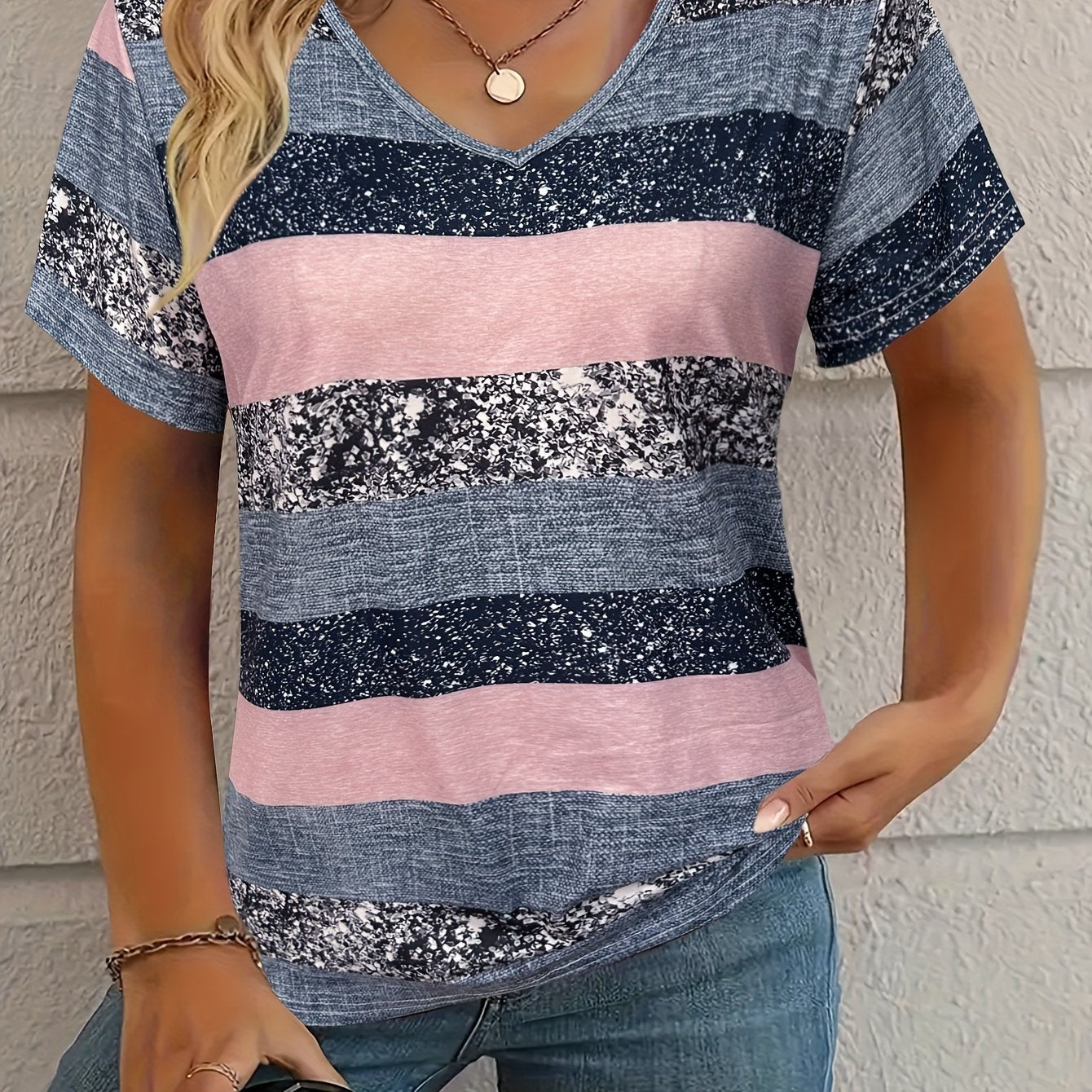 Plus Size Women's V-Neck Striped T-Shirt Short Sleeve Stretch Knit Casual Spring Summer Autumn