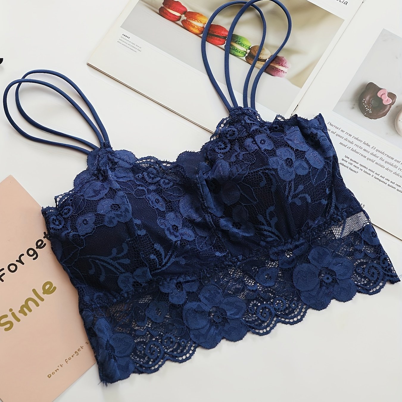 Women's Wireless Lace Bra with Double Shoulder Straps and Soft Padded Navel Top