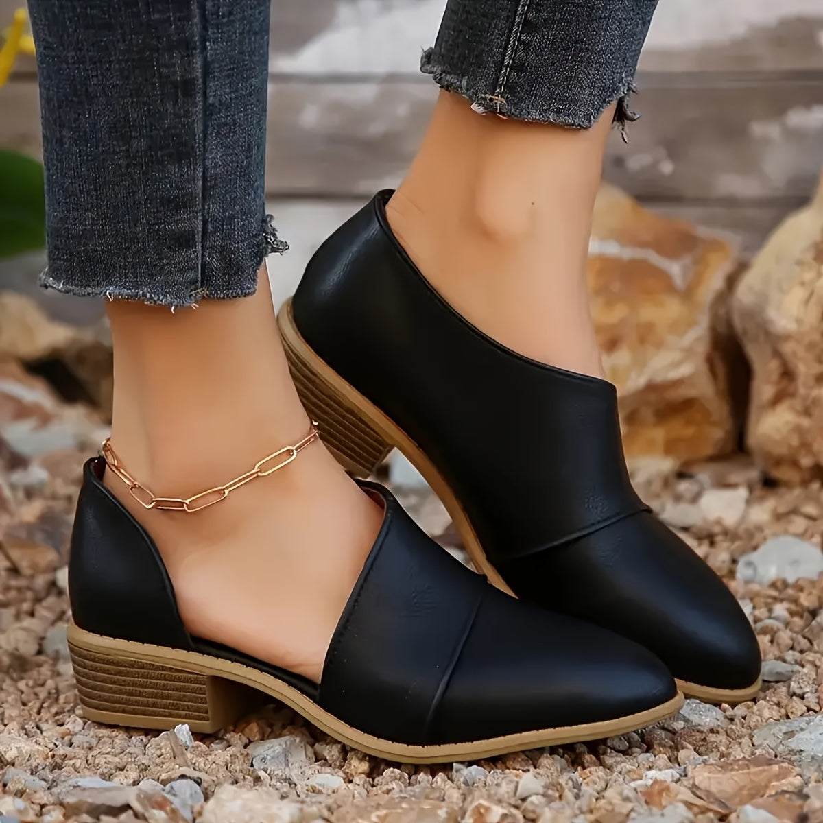 Women's Slip-On Pointed Toe Ankle Boots with Chunky Heel and Cut-Out Design